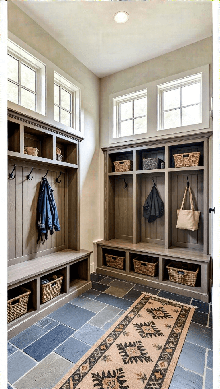 Mudroom with 9ft ceiling, black metal coat hooks, built-in bench storage, slate flooring, vintage runner, custom weathered oak cubbies, and natural light from transom windows.