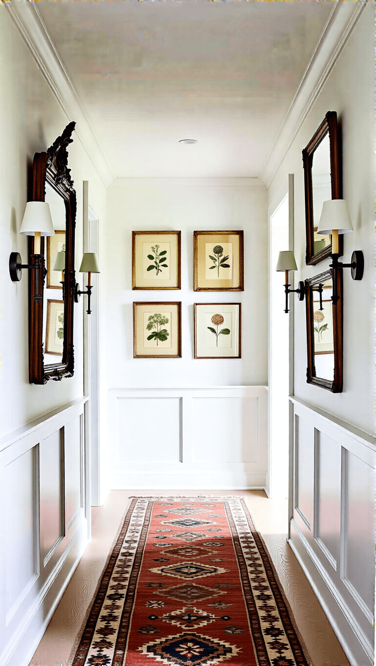 Vintage mirrors and botanical prints along gallery wall
</p></noscript>
<div class=