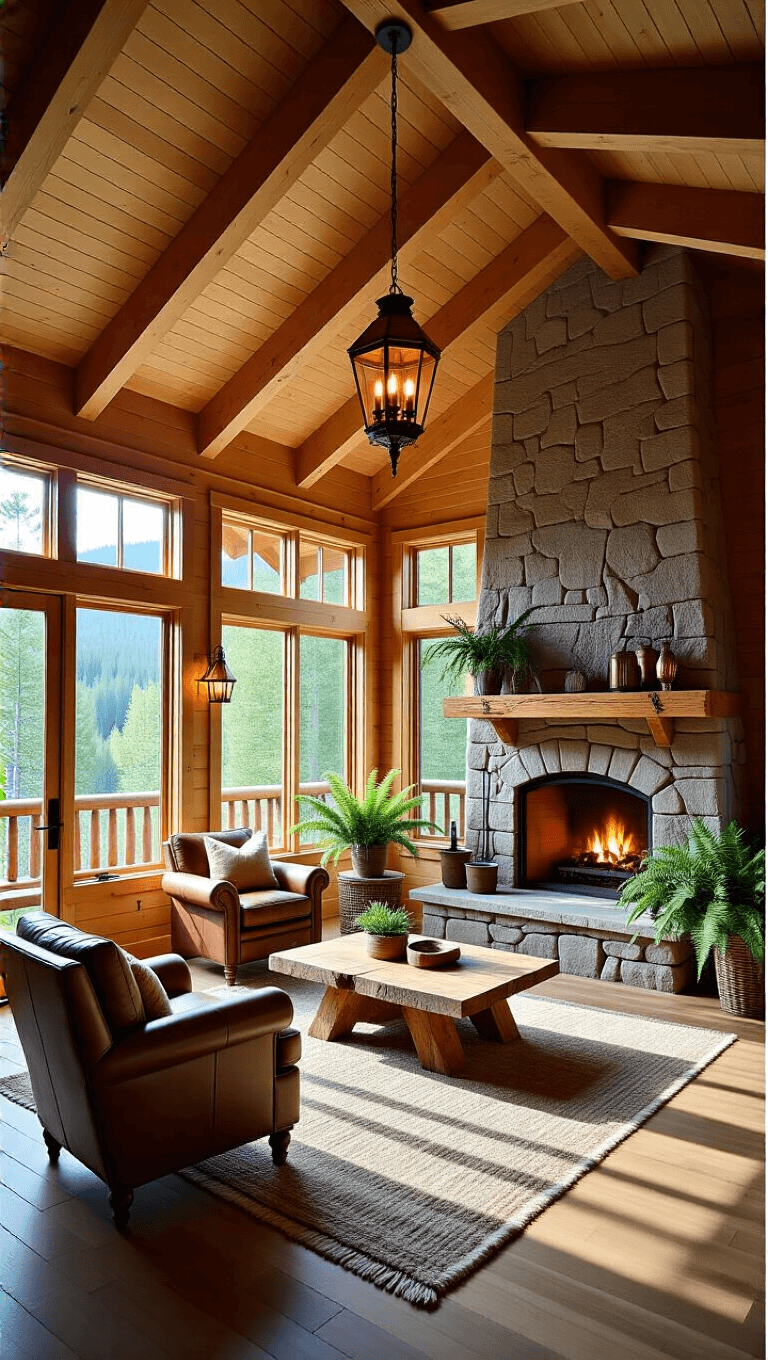 Sunlit interior of a 400 sq ft cabin featuring vaulted cedar ceilings, stone fireplace, loft space, and rustic decor with a focus on earth tones.
