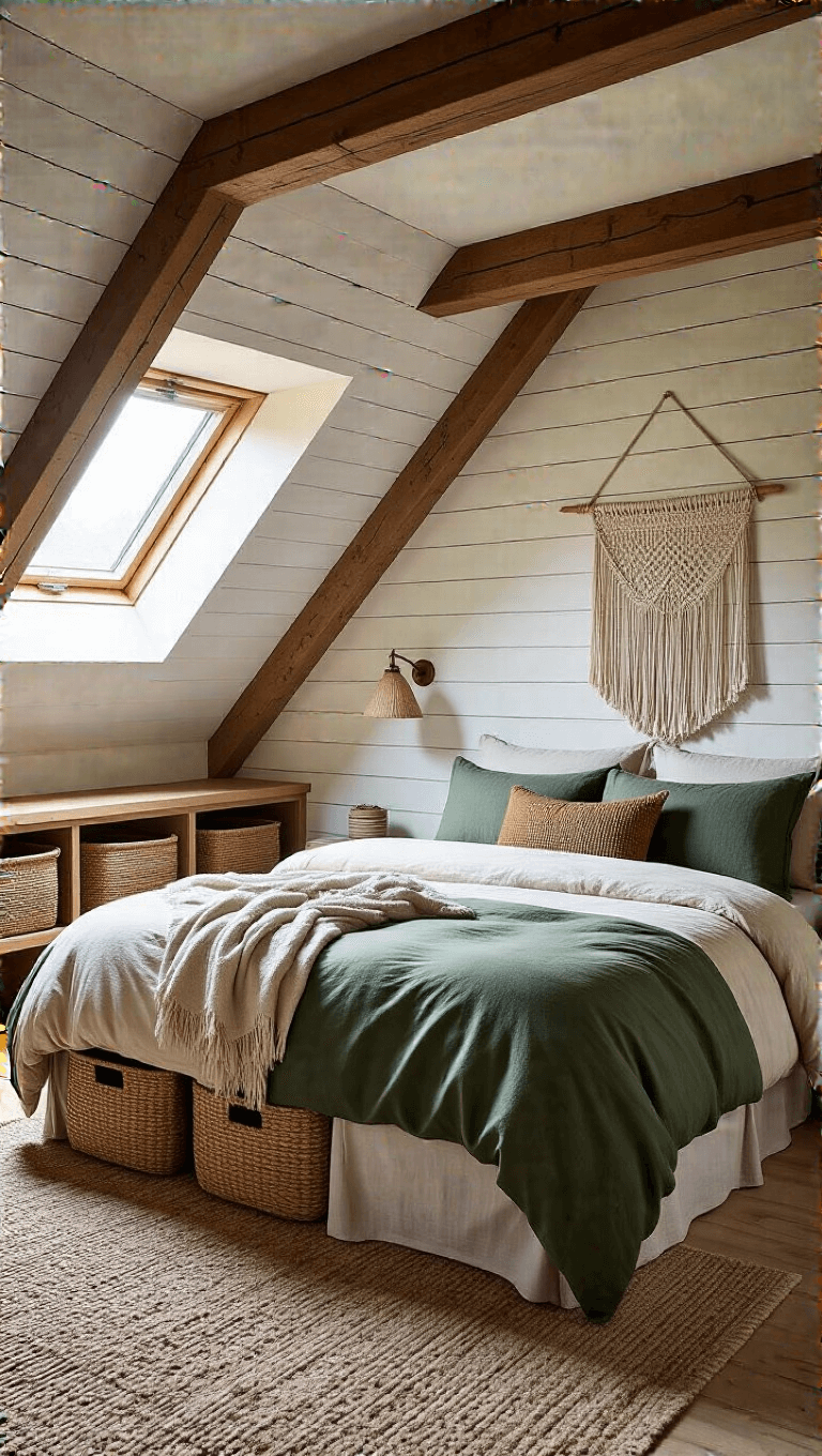 Cozy loft bedroom with low ceiling, rough-hewn beams, queen bed with layered linens, woven storage baskets under sloped ceiling, and macramé wall hanging on shiplap walls, bathed in golden hour light from dormer window.