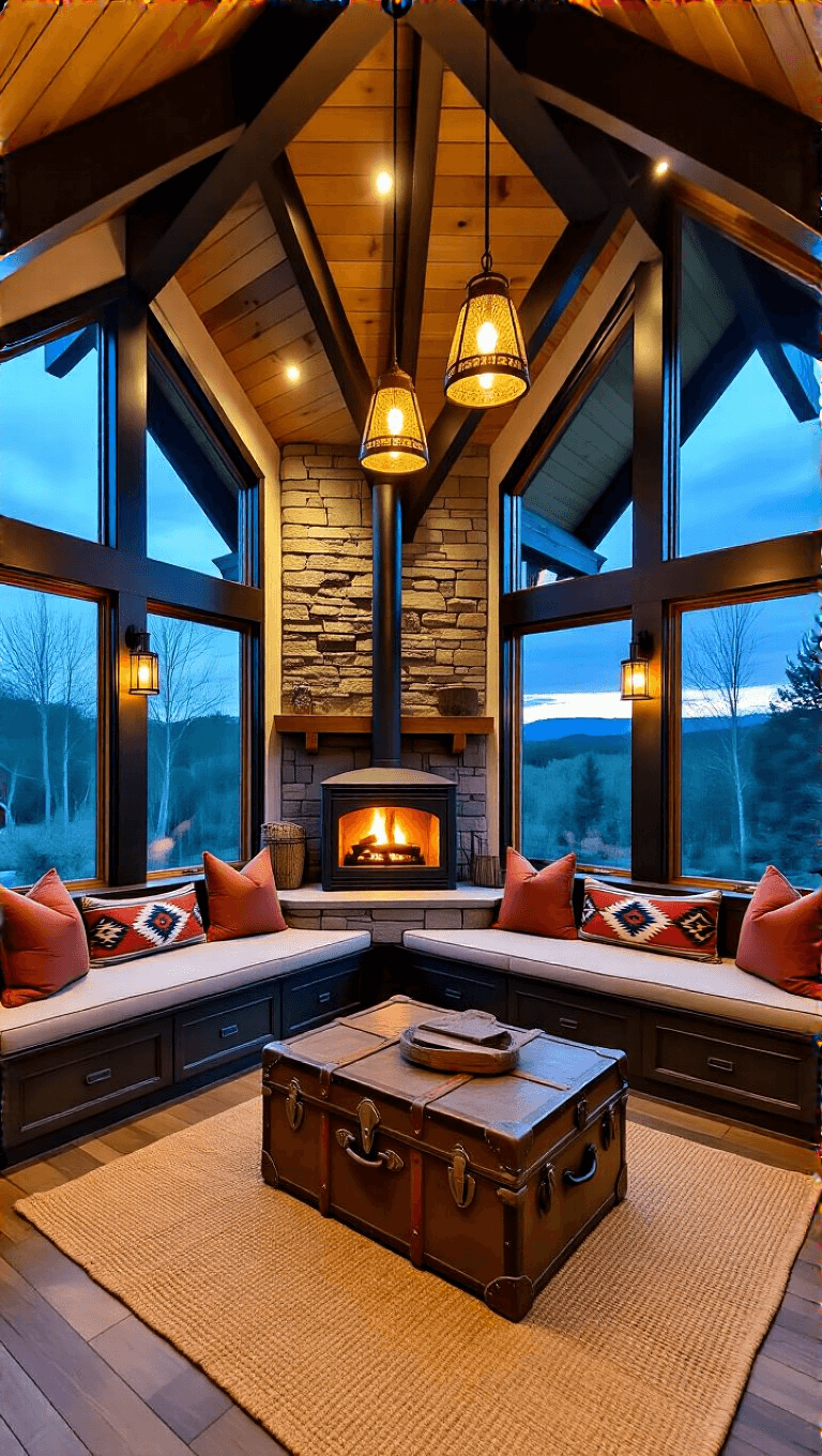 High angle view of a main living area during dusk, featuring a wood stove with stacked stone surround, dramatic up-lighting on timber trusses, a built-in bench with tribal print cushions, a vintage trunk coffee table on a jute rug, and iron pendant lights creating an ambient glow.