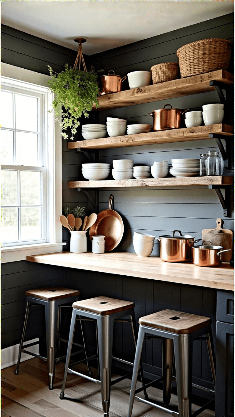 Corner kitchen with reclaimed wood shelves, white dishes, copper cookware, a small prep island with butcher block top and metal stools, against a dark shiplap wall, complemented by hanging herbs, woven baskets, and natural window light supplemented with under-cabinet lighting
