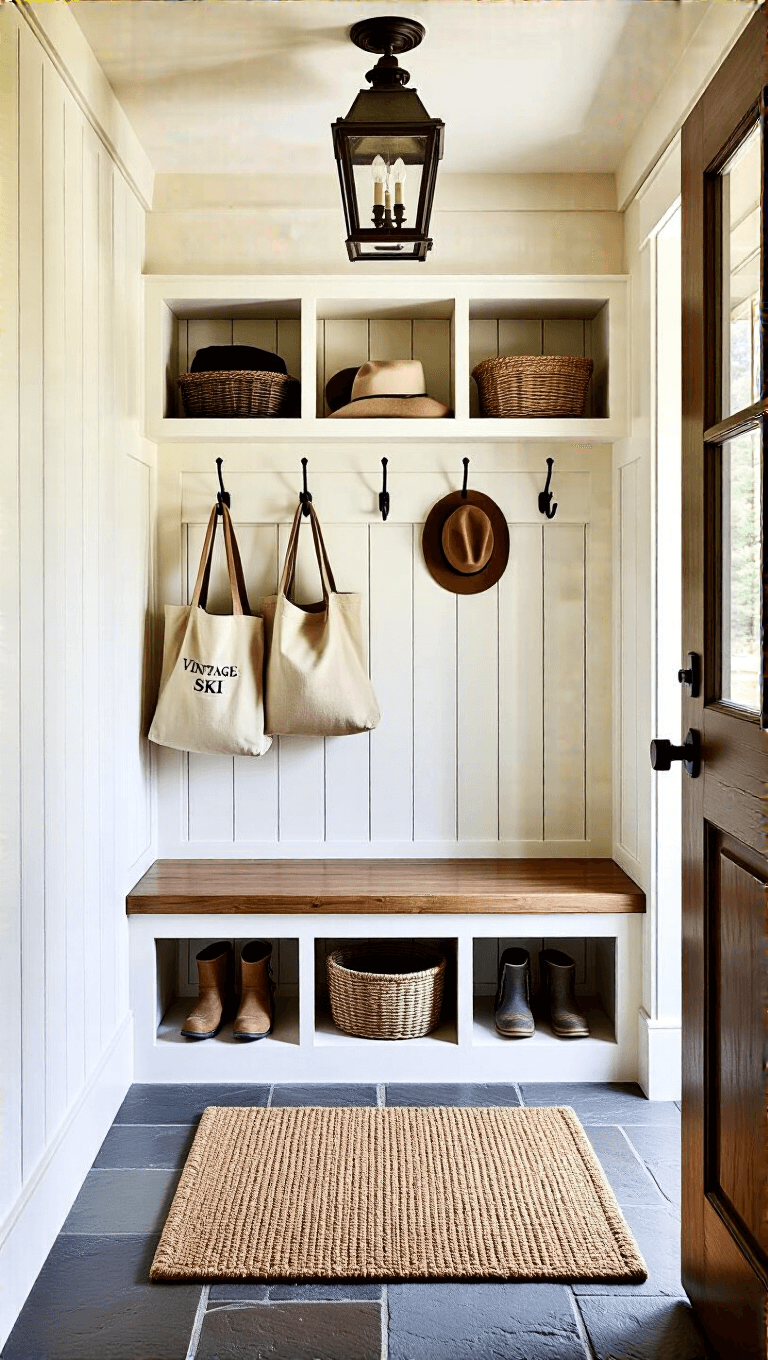 Detail of a vintage-inspired mudroom with built-in bench, ski storage, iron hooks holding canvas bags and hats, antique lantern and woven doormat on slate flooring
