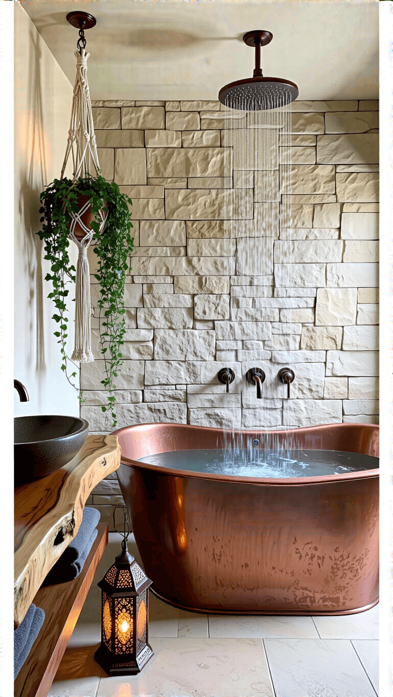 Copper tub against stone wall in bathroom corner, with bronze rainfall shower head, live-edge wood vanity with vessel sink, ivy in macramé plant hanger, and Moroccan lantern