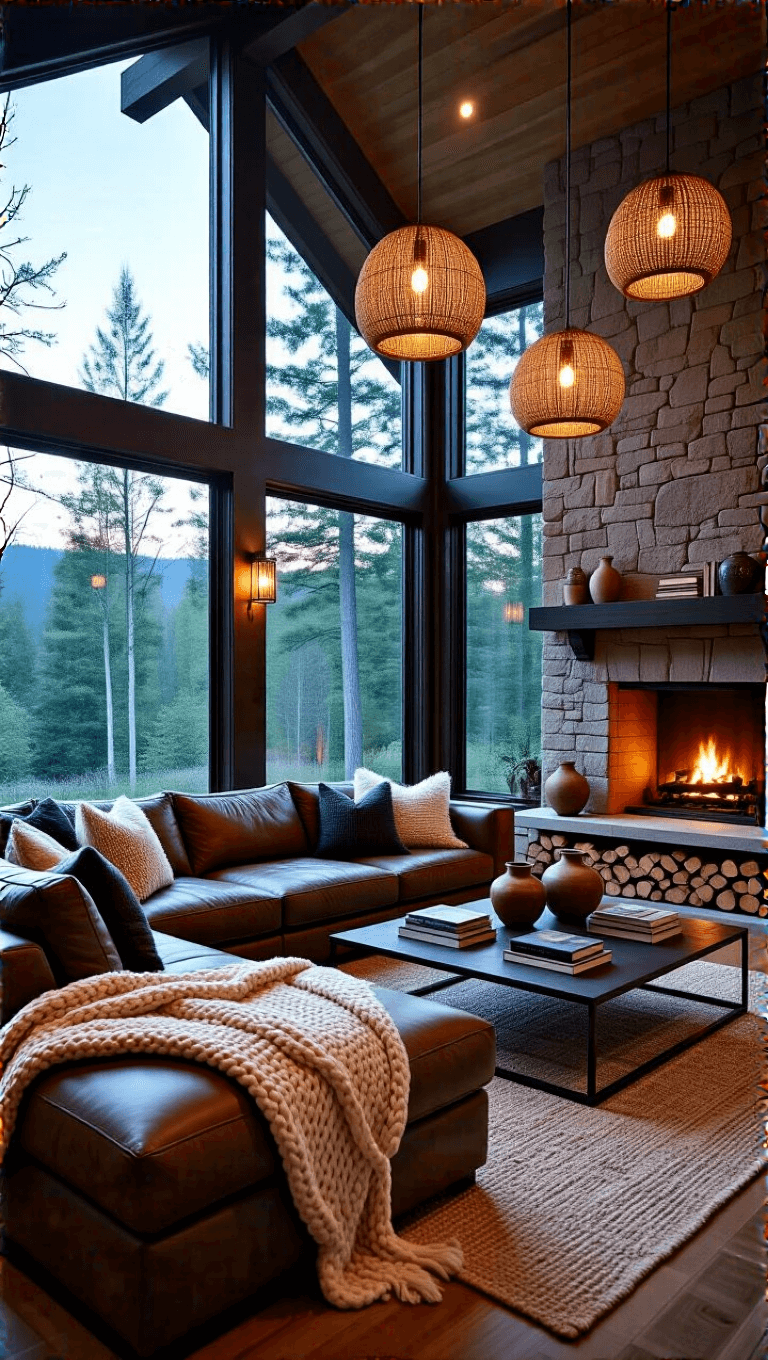 Twilight view of a living room with a large picture window overlooking a forest, a stone fireplace, a leather sectional with knit throws, a black metal coffee table with vintage books and ceramics, woven pendants for lighting, and a mix of natural and artificial lighting for a moody atmosphere.