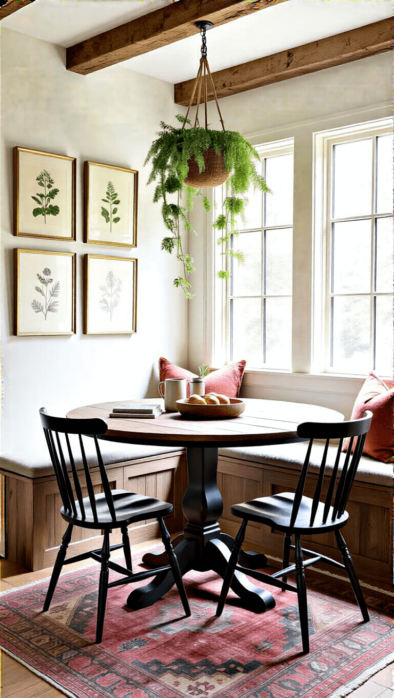 Custom round table in reclaimed wood with matte black Windsor-style chairs, botanical prints in brass frames on wall, hanging plants, vintage red rug, and morning light through windows in a breakfast nook
