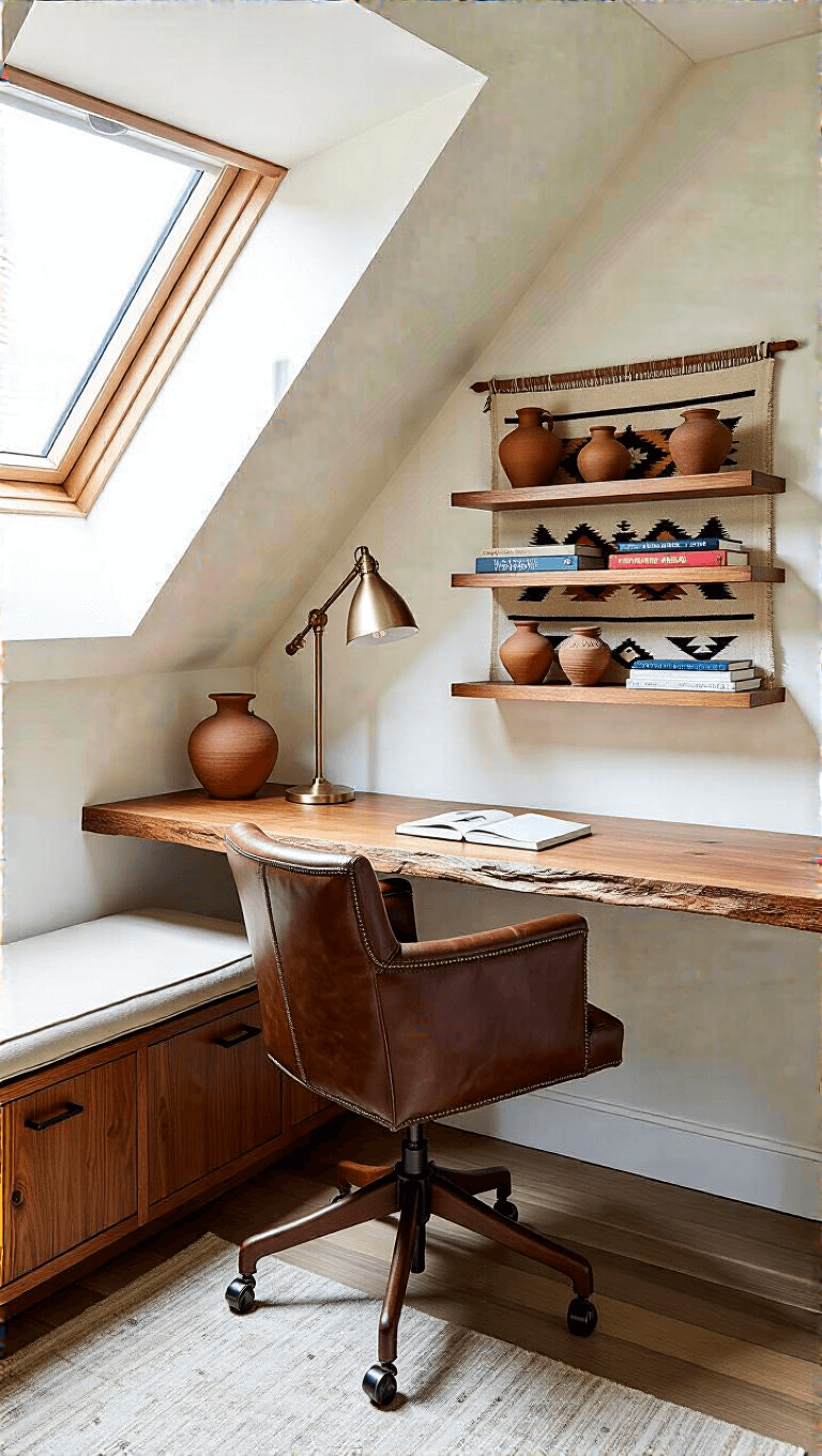 Loft office nook under a dormer window with live-edge desk, leather captain's chair, floating shelves with pottery collection, art books, brass task lamp, and Navajo weaving wall art