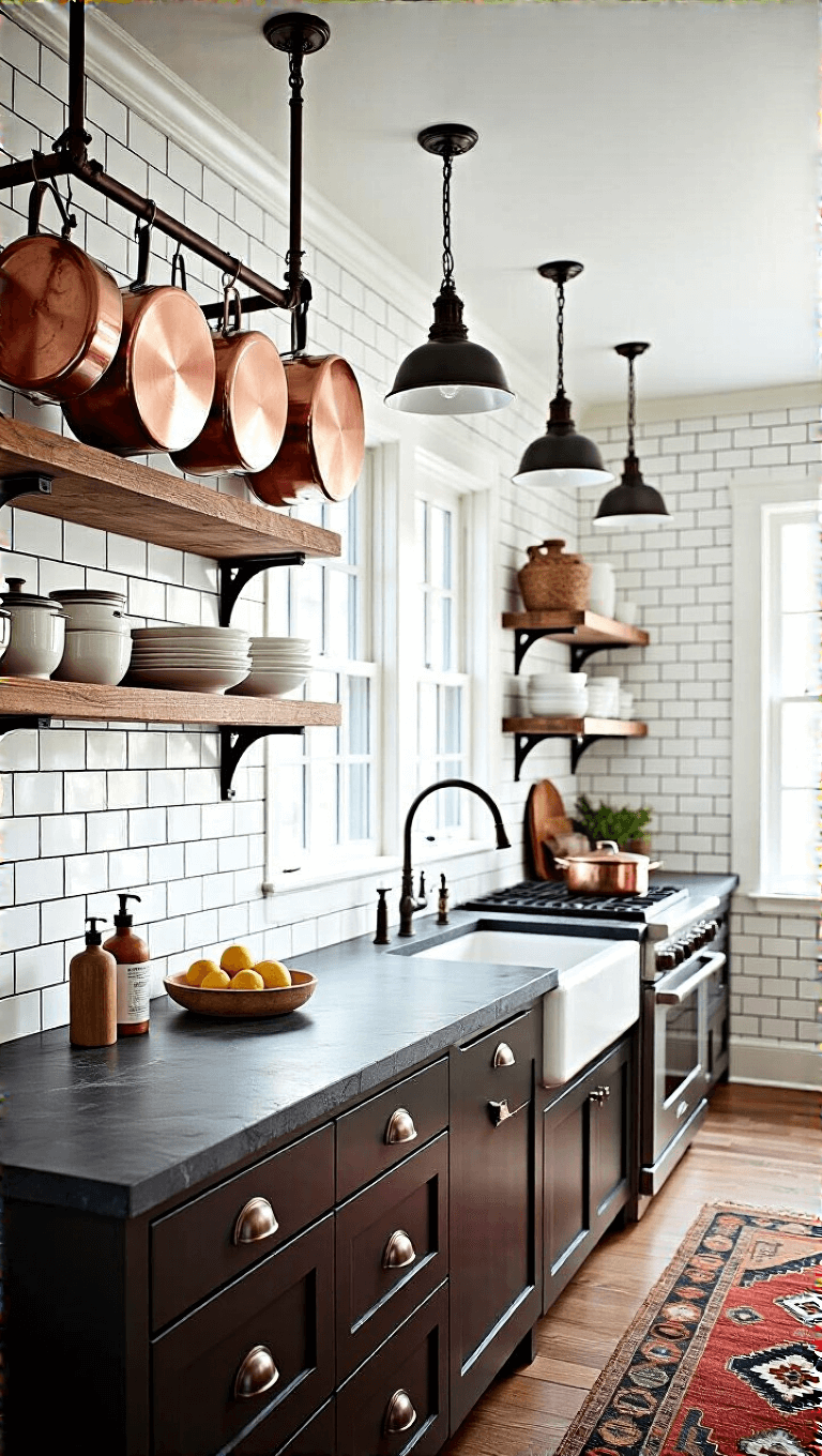 Kitchen interior showing soapstone counters, open shelving system, copper pots hanging on ceiling rack, white
</p></noscript>
<div class=