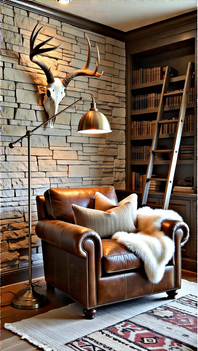 Cozy reading corner with oversized leather chair, floor lamp, sheepskin throw, kilim pillows, mounted antlers on a stacked stone wall, and built-in bookshelf with library ladder