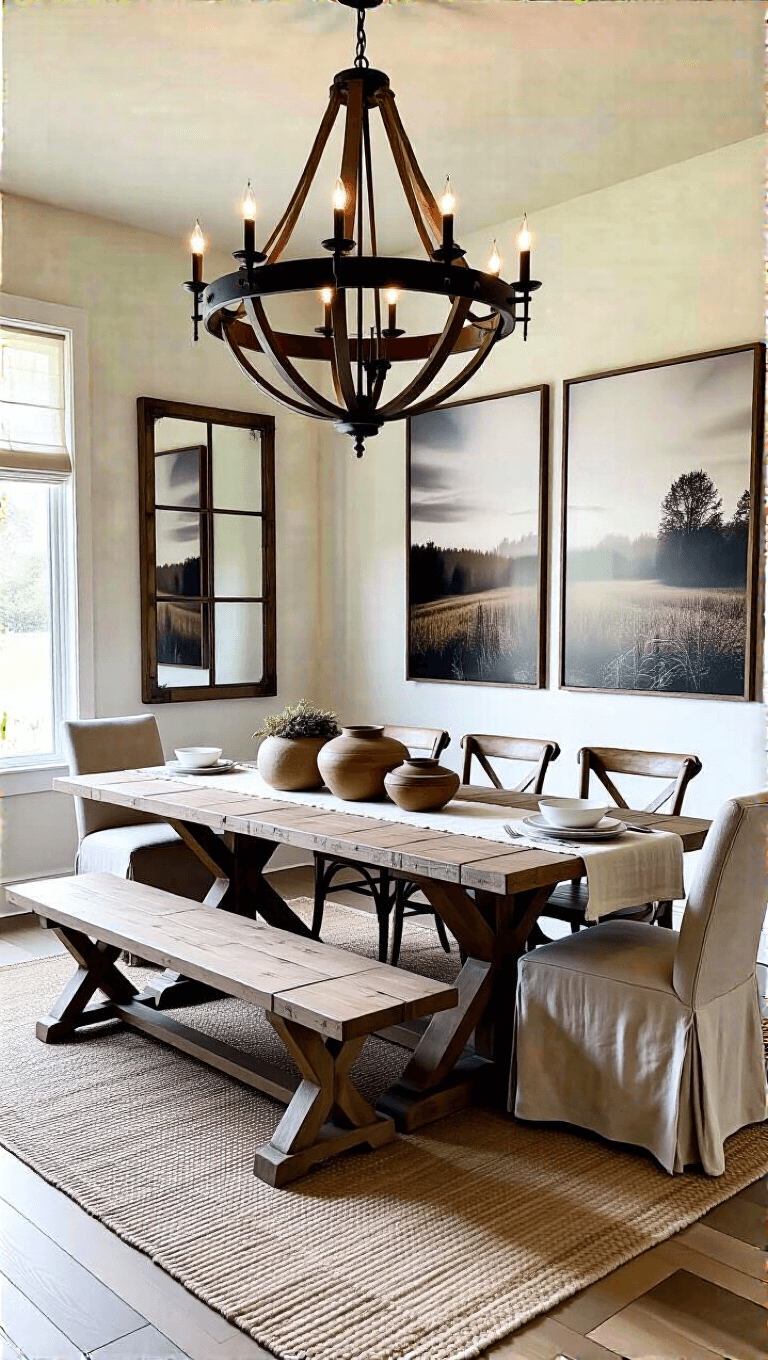 Dining area with reclaimed wood and iron chandelier, farm table for eight, styled with linen runner and pottery. Featuring a mix of chairs and bench, vintage mirrors, and large-scale photography wall art.
