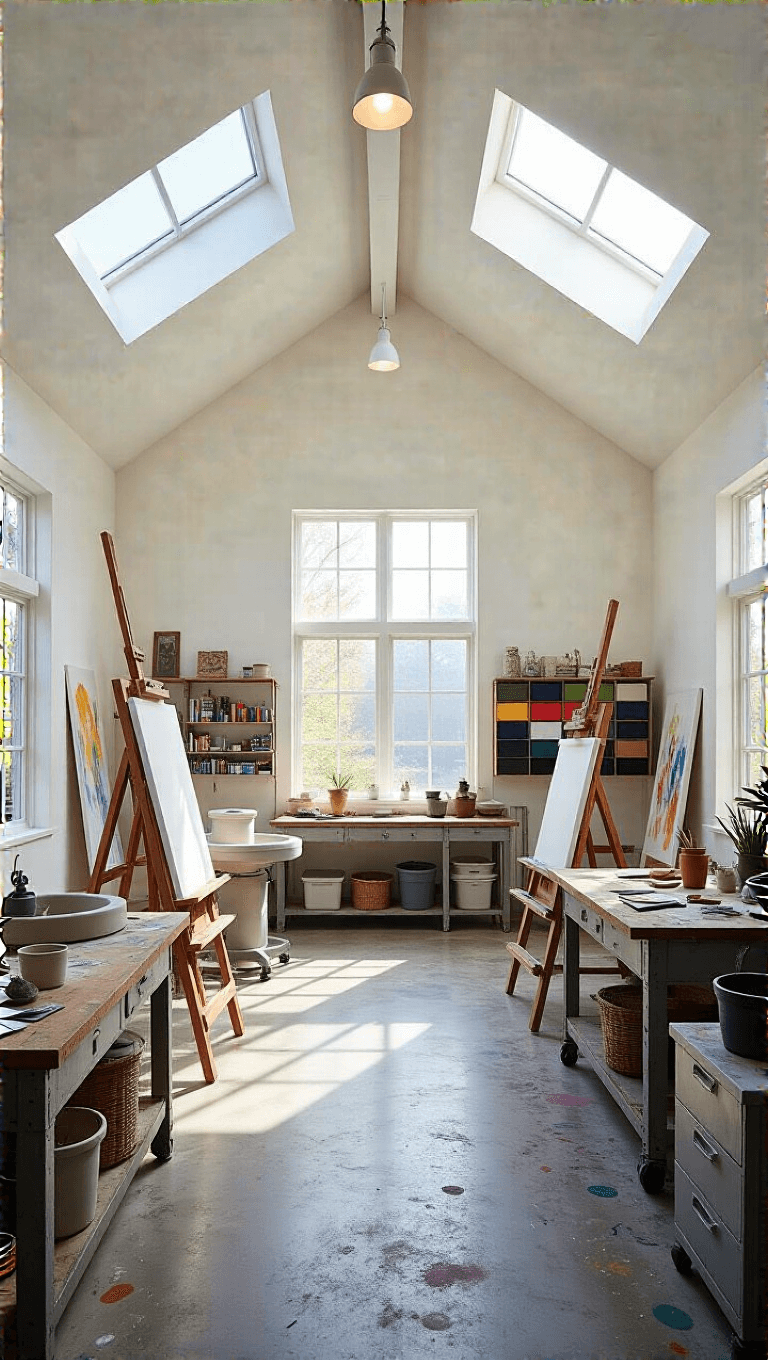 Brightly-lit, spacious art studio with vaulted ceilings, skylights, white wall gallery-style, industrial easels, pottery wheel station, large distressed steel work table, storage wall with color-coded art supplies, and paint-splattered concrete floors.