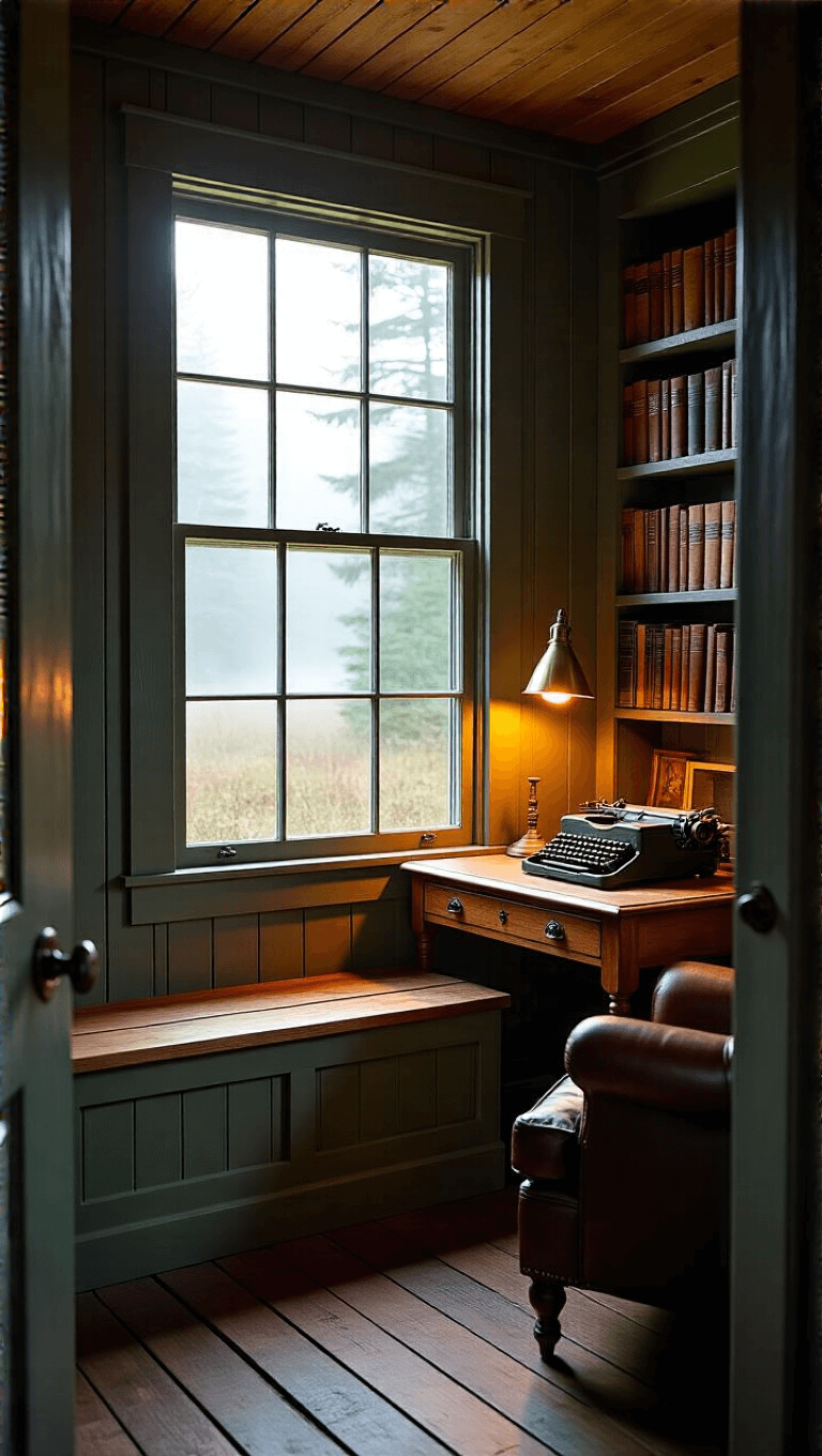 Early morning view of a forest green writer's cottage featuring a vintage desk, floor-to-ceiling bookshelf, leather armchair, and warm desk lamp, shot through a window frame.
