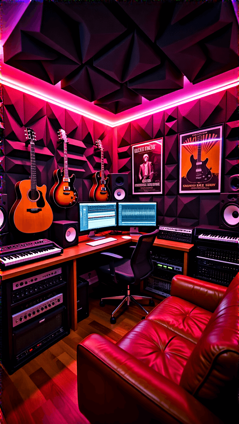A 12'x16' music studio haven in the evening featuring sound-dampening panels with geometric patterns, a custom storage displaying guitars, a recording station with dual monitors, a mid-century modern leather sofa, framed vintage concert posters, and LED mood lighting with glowing sound equipment indicators; captured with ultra-wide lens.