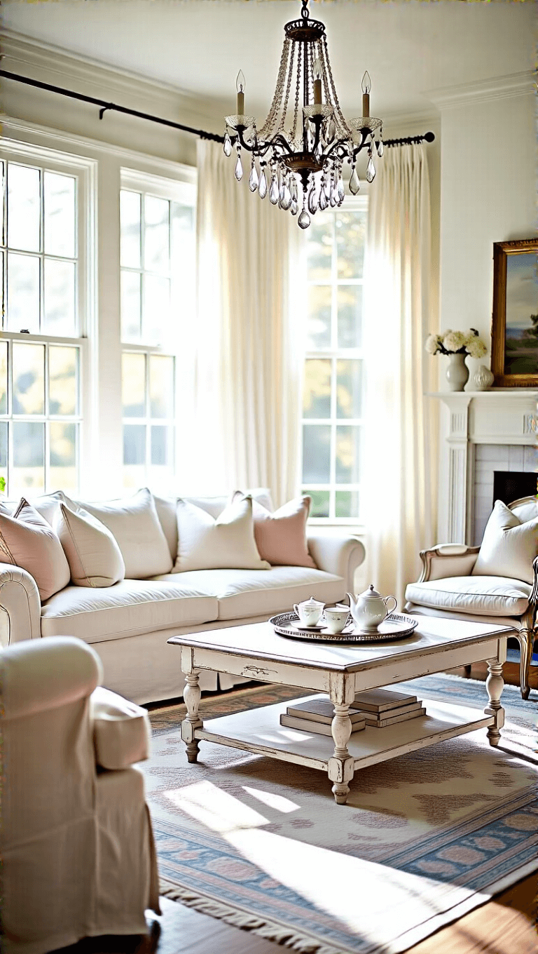 Early morning sunlight illuminating a cream linen sofa, distressed white coffee table, and vintage rugs in a chic living room with large windows and French provincial decor