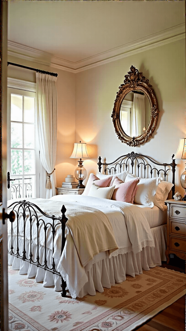 Master bedroom bathed in golden hour light, featuring an antique white iron bed with white and pink linens, a carved dresser with a baroque mirror, mercury glass lamps, French doors leading to a balcony, and stacked vintage hat boxes in the corner.