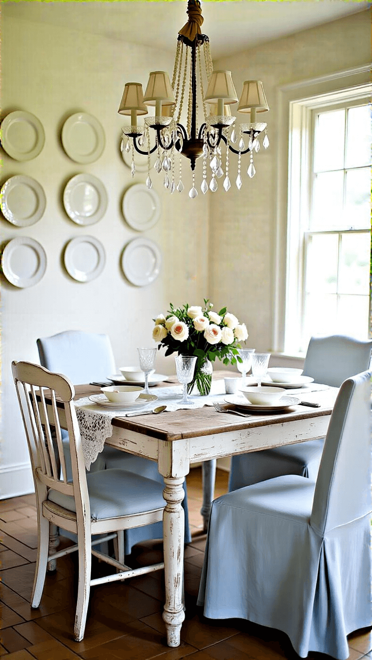 Rustic dining room with distressed white farmhouse table, vintage chairs with pale blue slipcovers, crystal chandelier, wall display of ironstone plates, garden roses in milk glass vases, and lace table runner during afternoon tea time.