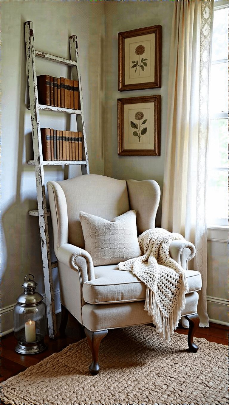 Cozy reading nook with weathered wingback chair, vintage books on a ladder shelf, mercury glass lanterns, botanical prints in gild frames, and braided jute rug in moody afternoon light