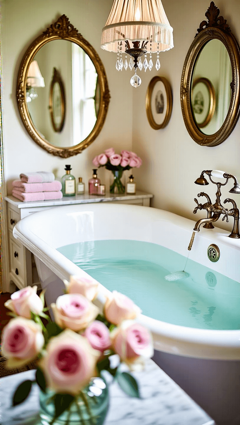 Vintage-style bathroom featuring clawfoot tub with aged brass fixtures, surrounded by ornate oval mirrors, a painted vanity with crystal perfume bottles, and a chandelier reflecting in mirrors, with a foreground of soft pink roses in a mercury glass vase and Turkish towels.