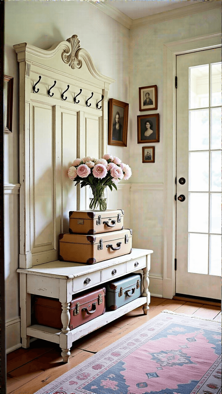 Charming 6x8 ft entryway with antique cream hall tree, stacked vintage suitcases, fresh peonies in milk glass vase, gallery wall of vintage photos, painted wooden floor with antique runner, and sparkling crystal doorknobs in soft natural and artificial lighting.