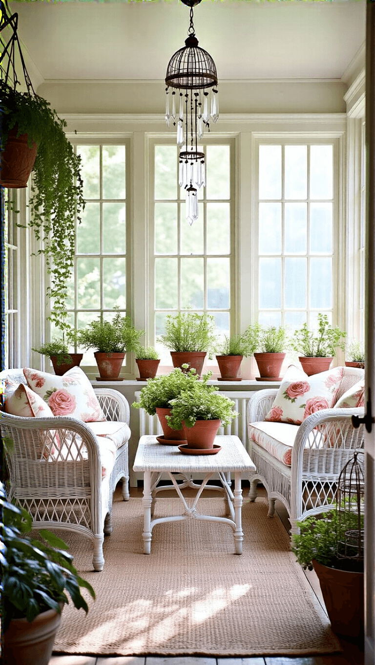 Shabby chic sunroom filled with whitewashed wicker furniture, vintage birdcage planters, distressed metal plant stands with trailing vines in terra cotta pots, under soft morning light.
