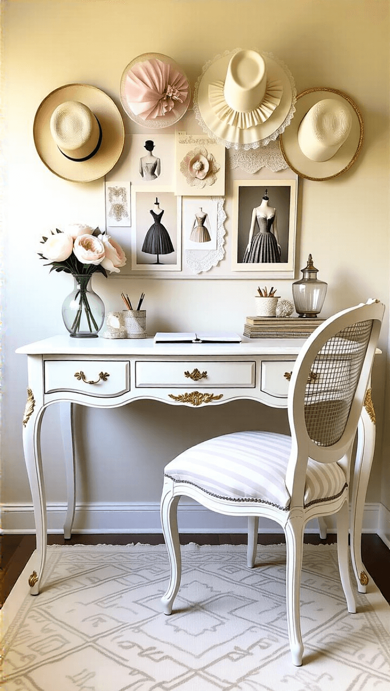 Feminine home office containing French provincial desk in white and gold, ghost chair with ruffled cushion, wall-mounted vintage hat displays featuring fascinators, and mood board of vintage fashion prints and lace against a backdrop of soft, diffused natural light.