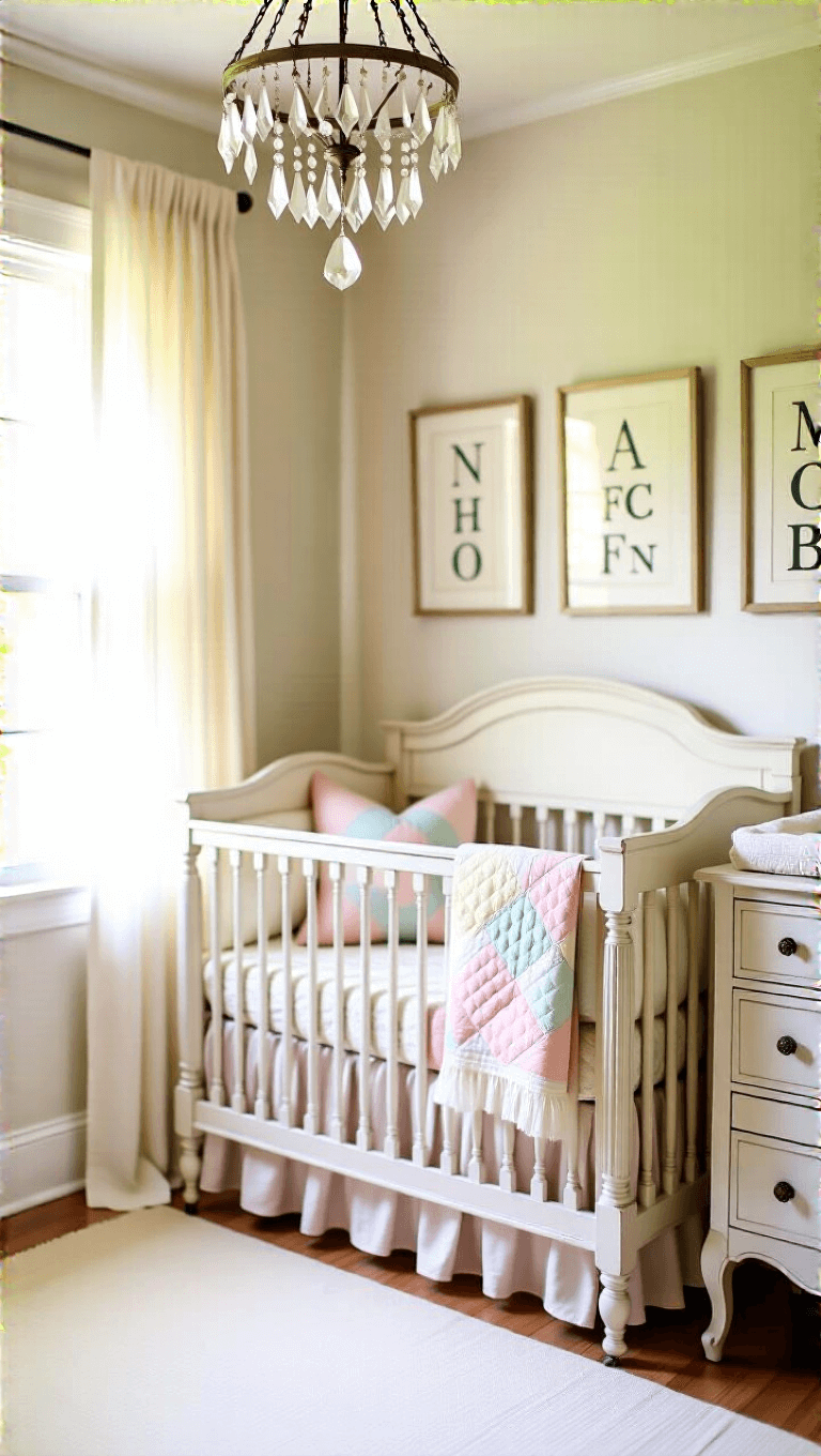 Vintage nursery corner featuring an antique white crib with hand-tied bows, layered pastel quilts, crystal mobile, and a distressed changing table. The room is enhanced by antique alphabet prints in white frames and gauzy curtains filtering natural light.