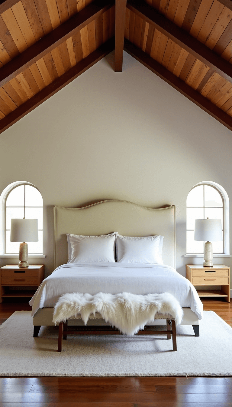 Airy primary suite with vaulted ceilings, exposed wooden beams, arched windows, oversized ivory headboard, matching bleached oak nightstands with alabaster lamps, and a Mongolian wool bench at the bed's end.