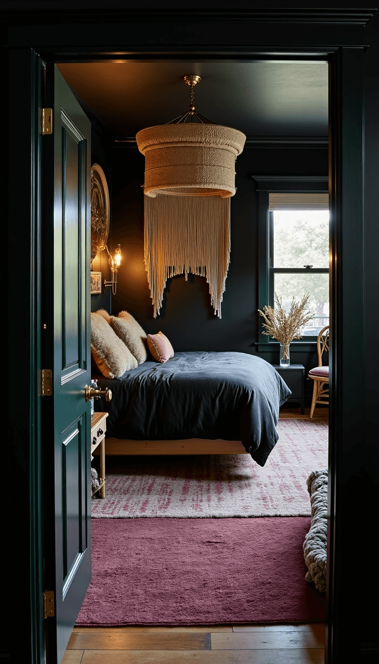 Twilight view of a dramatic bedroom with black walls adorned by gold mirrors and woven hangings, black platform bed with faux fur throw under a DIY macramé canopy, illuminated by vintage brass sconces. Decor includes layered rugs in buregundy and green, rattan furniture, a black vintage dresser and natural elements like dried flowers and crystals.