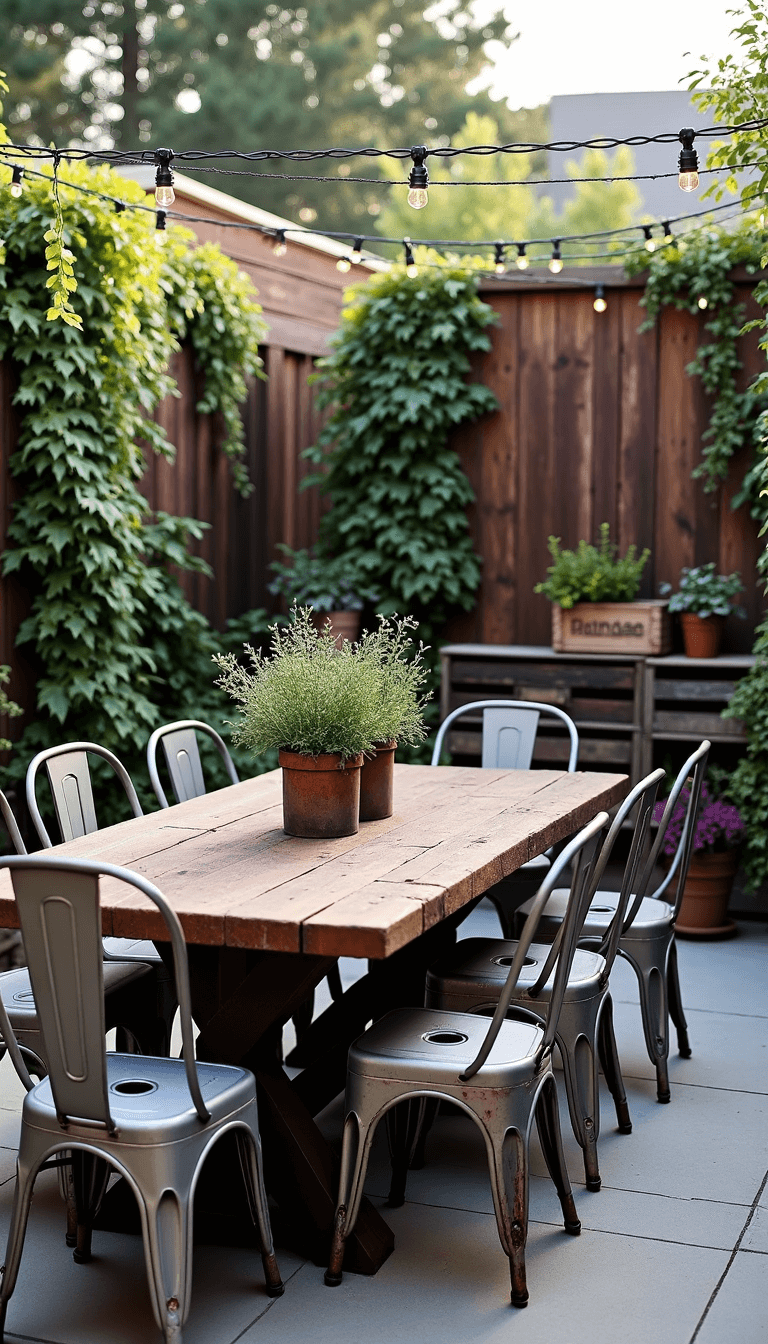 Early morning view of a 15x18ft vintage-styled garden entertainment space featuring a weathered farm table, mix of metal chairs, overhead string lights from cedar posts, and repurposed crate planters.