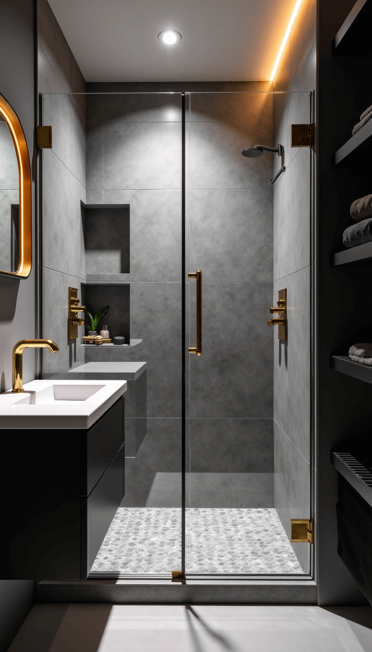 Modern bathroom with neo-angle shower, gradient grey tiles, brass fixtures, backlit mirror, and floating matte black shelves captured at dusk.