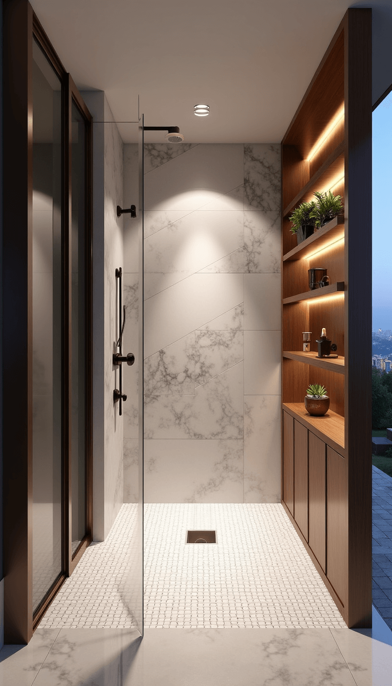Aerial view of a bold 7x7ft neo-angle twilight bathroom featuring angled glass panels with champagne bronze frames, oversized marble-look porcelain wall, custom glass mosaic shower floor, pendant light, corner shelves with hidden lighting, and air plants in copper vessels.