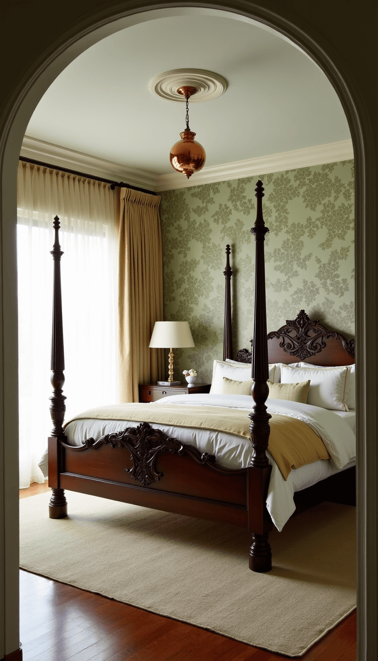 Vintage-inspired 16x14ft bedroom with morning light streaming through delicate curtains, sage and gold botanical wallpaper, carved four-poster bed with layered linens, and asymmetrical hanging copper pendant lights.