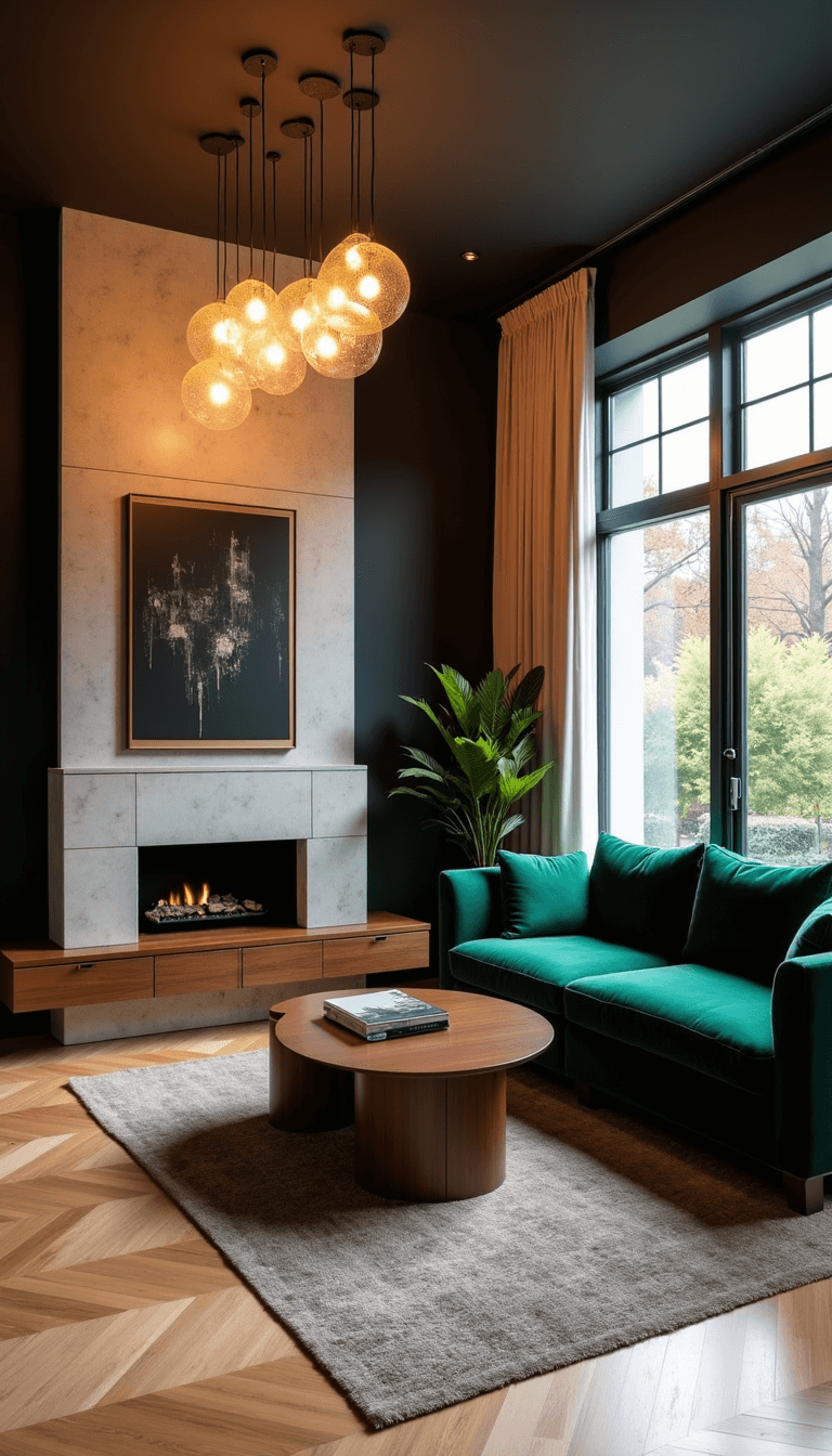 Intimate 15x18ft living room bathed in golden hour glow, featuring a streamlined limestone fireplace, floating walnut media console, emerald velvet sofa against light oak herringbone floors, glass pendant lights, and oversized abstract art in black frame.