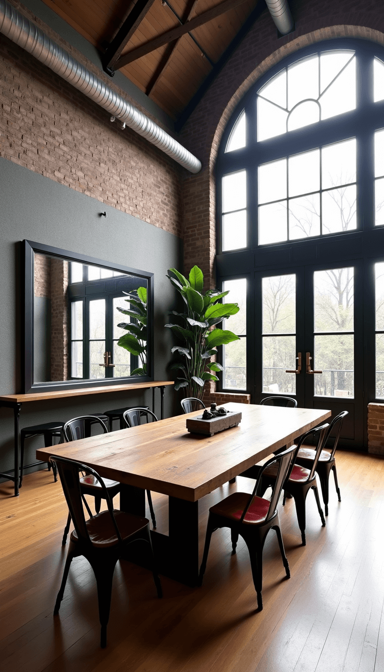 Spacious, sunlit industrial loft with exposed ductwork, cathedral ceilings, and a large reclaimed wood dining table with vintage metal chairs, mirrored by an oversized black-framed mirror.