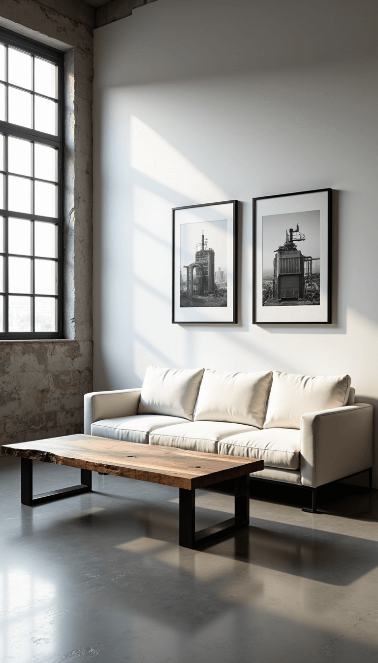 Minimalist living room with cream sofa, raw edge wooden coffee table, gallery wall featuring black and white industrial photography, polished concrete floors bathed in dawn light through gridded windows.