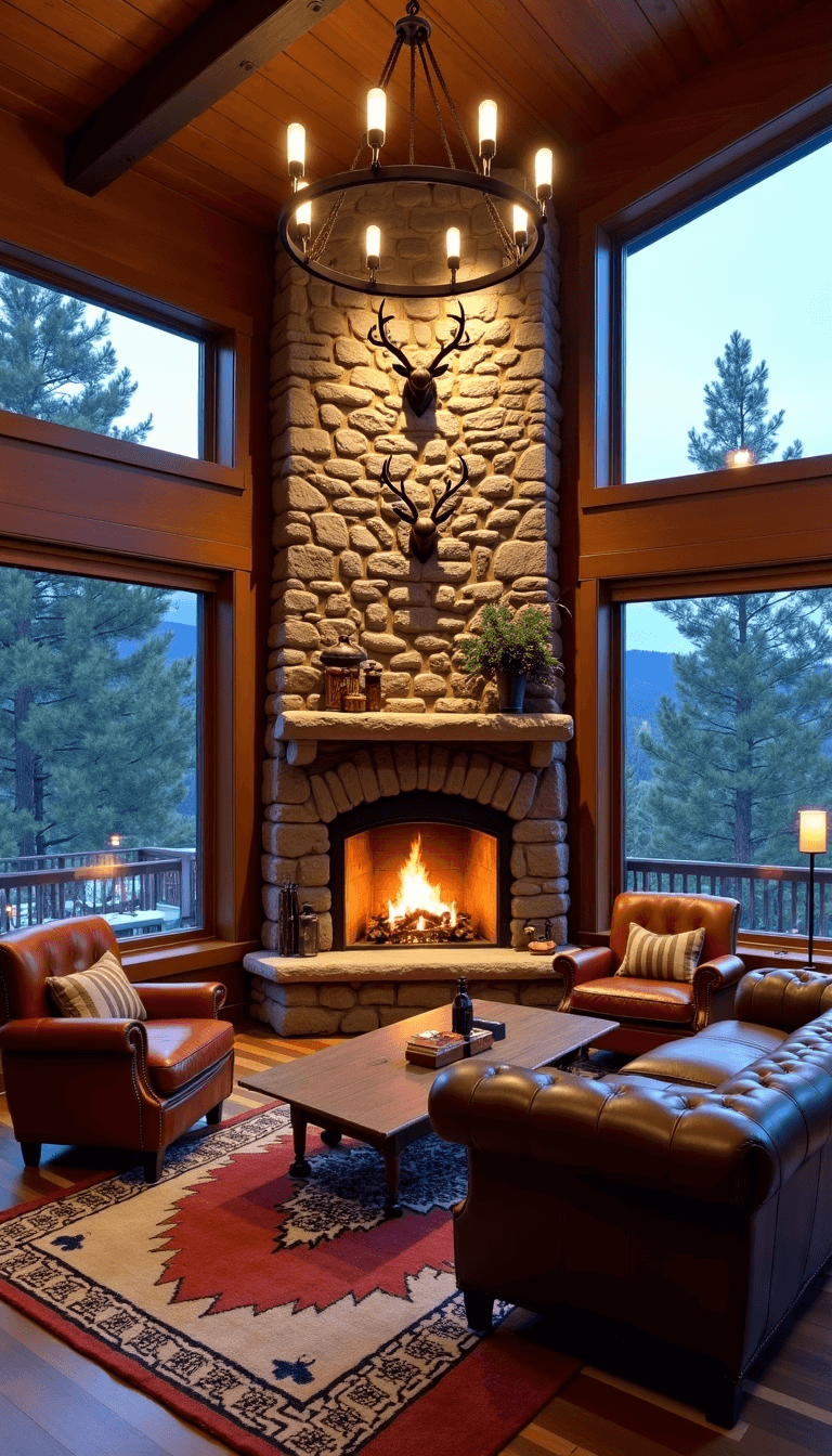 Cozy mountain retreat featuring a blazing river rock fireplace, reclaimed timber mantel, leather sofa and armchairs, iron chandelier, Navajo rugs, and an antler mount, bathed in warm firelight.