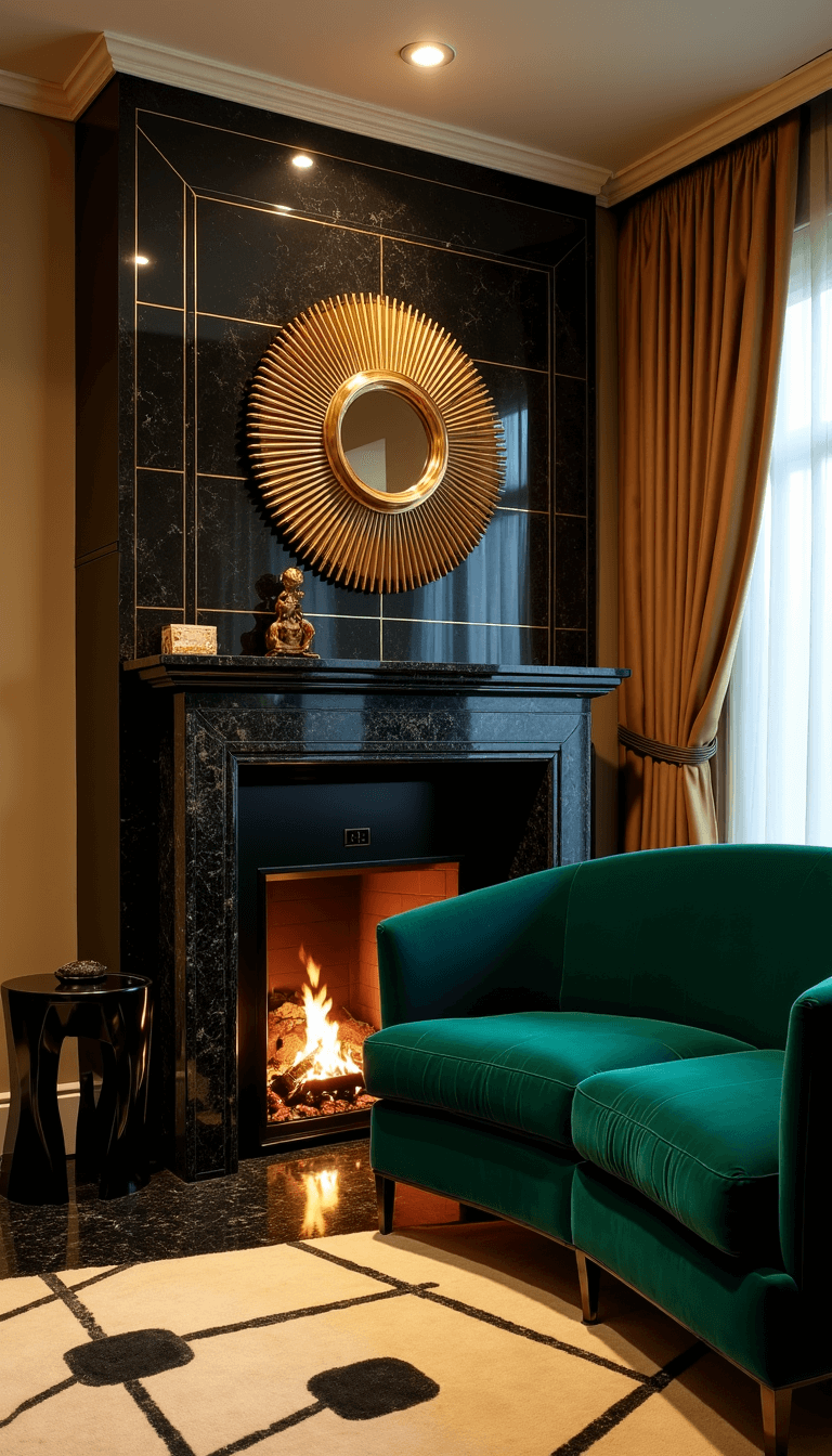 Art Deco inspired room featuring black and gold marble fireplace, 1930s brass sunburst mirror, emerald velvet sofa and geometric patterned carpet illuminated by evening accent lights.