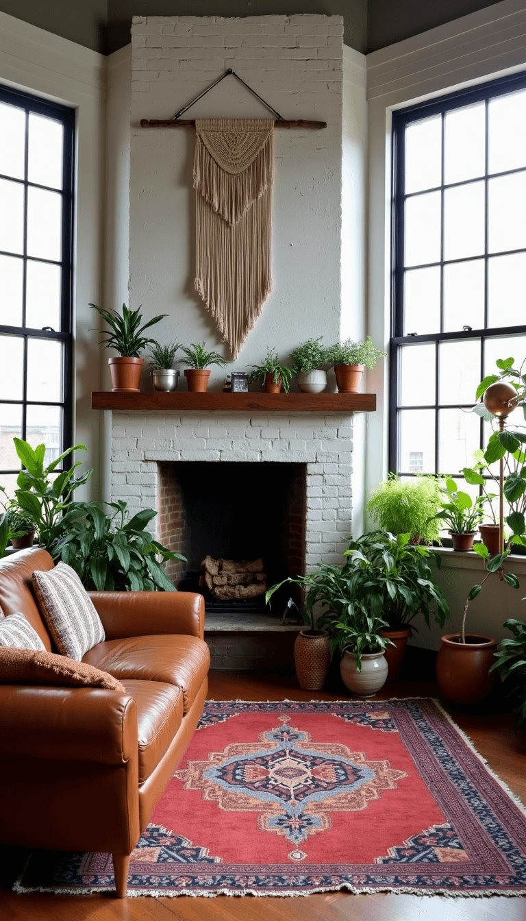 Eclectic bohemian loft space with whitewashed brick fireplace, vintage Turkish rugs, low-slung leather sofa, potted plants, macramé wall hanging, and brass floor lamps, illuminated by late morning light from industrial windows.