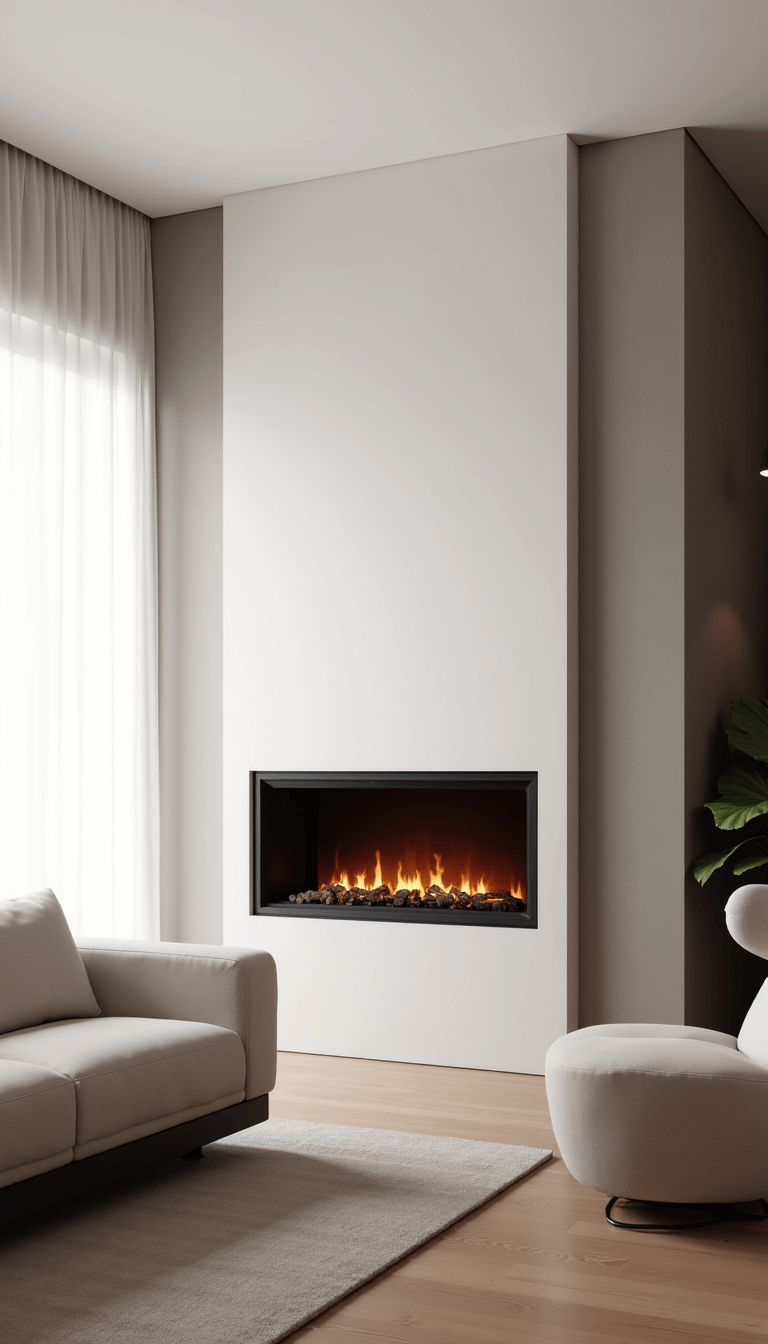 Bright and minimalistic 16x20ft living room with wall-mounted fireplace, sheer curtains, sleek white and concrete walls, and clean-lined neutral-toned furniture, taken from the corner to show spatial flow.