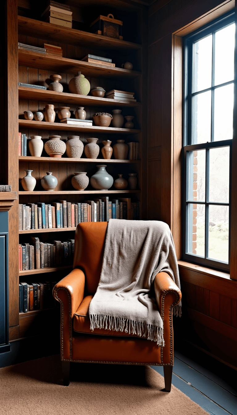 Cozy, light-filled 10x12ft reading nook at dusk featuring floor-to-ceiling reclaimed wood bookshelves, a vintage leather chair adorned with a wool throw, and a well-loved pottery collection.