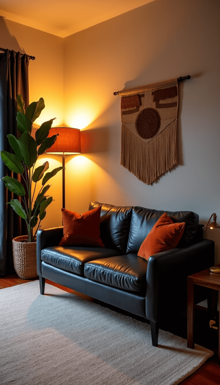 Cozy living room interior at dusk with charcoal leather sofa, warm ambient lighting, terracotta throw pillows and dark walnut side tables.