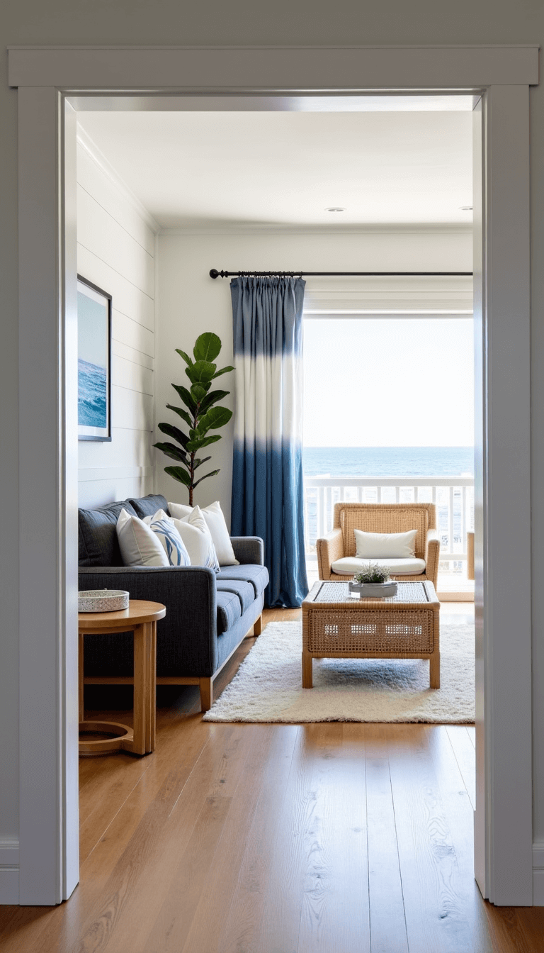 Coastal-themed living room with morning sunlight, charcoal sofa, rattan chairs, white shiplap walls, pale oak floors, blue-grey ombre curtains, and ocean-inspired artwork.