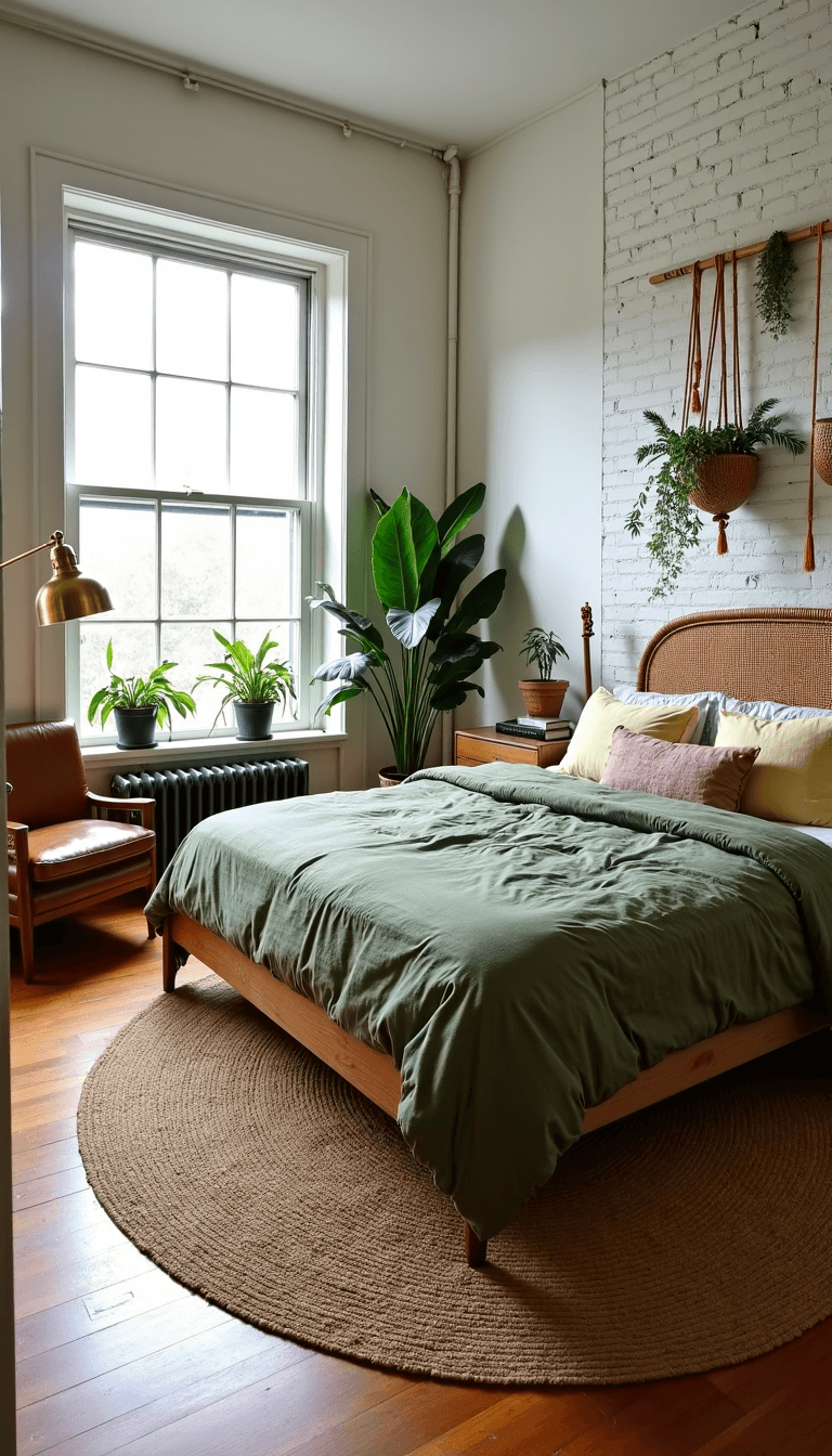 Aerial view of a sunlit, spacious bedroom featuring a king bed with moss green linens, surrounded by hanging plants, placed against a white brick wall with a rattan headboard. Seating area defined by a large circular jute rug with a cozy leather reading chair and brass floor lamp. The room is highlighted by natural materials and organic shapes.