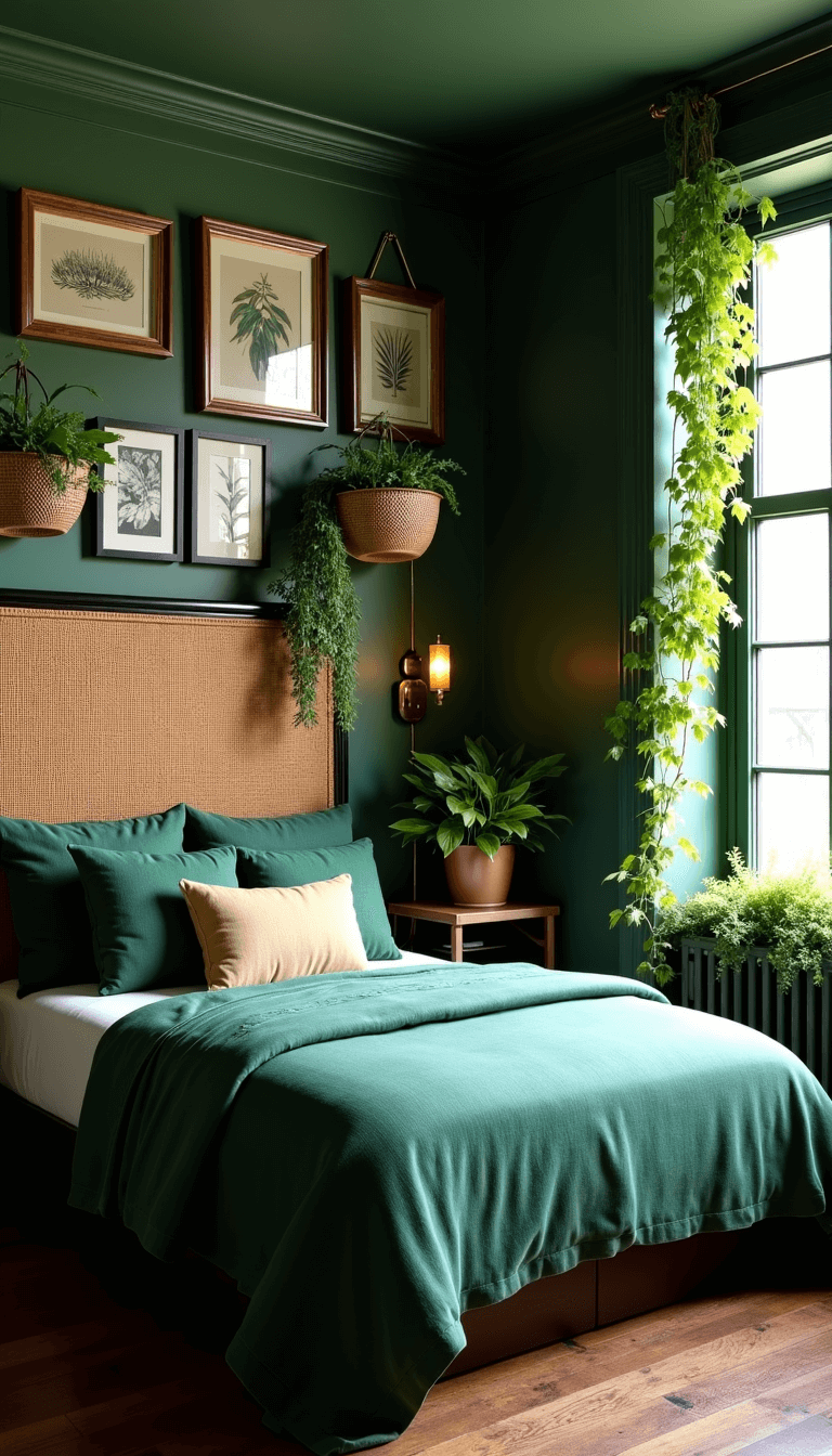 Vintage-inspired bedroom interior at twilight with emerald and olive linens on platform bed, botanical prints, handwoven baskets with philodendrons, and brass sconces for lighting.