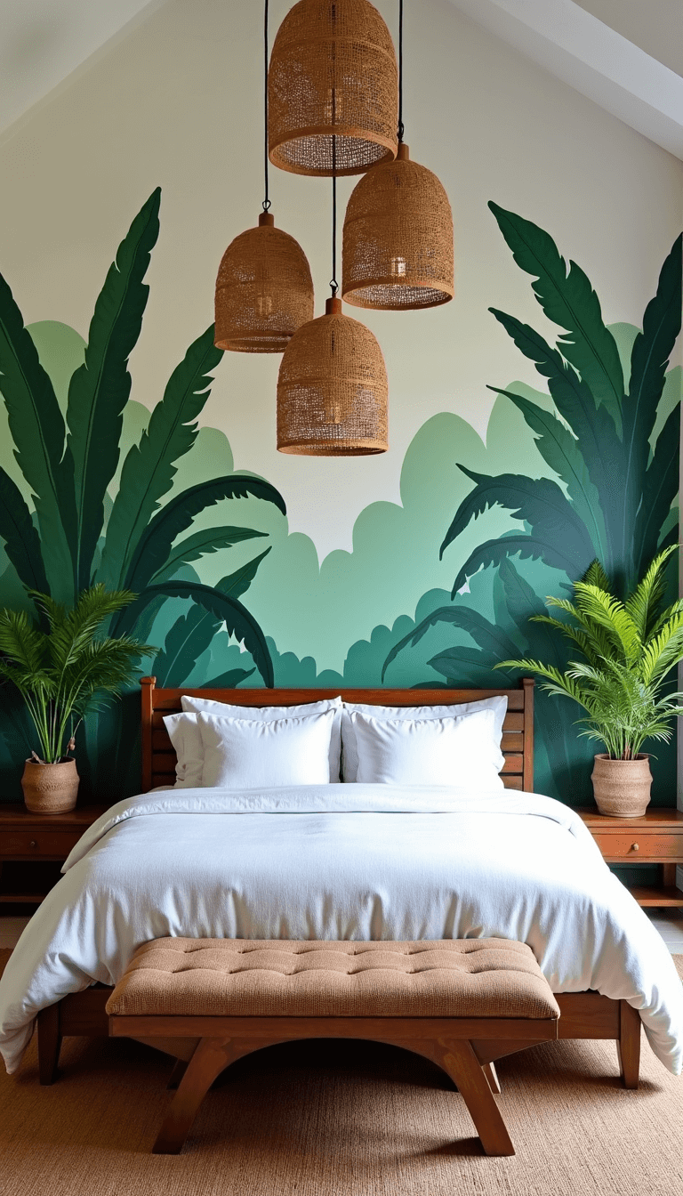 Bright, spacious bedroom with high white-beamed ceilings, tropical wall mural, king bed with rattan lights, vintage Moroccan rug over seagrass, and various green plants, bathed in the soft glow of early morning light.