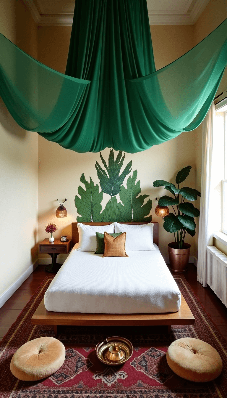 Elevated image of a spacious 14x15ft bedroom with dramatic green gauze canopy over platform bed, monstera leaf shadow on cream walls, vintage kilim runners leading to a meditation corner, and various light sources.