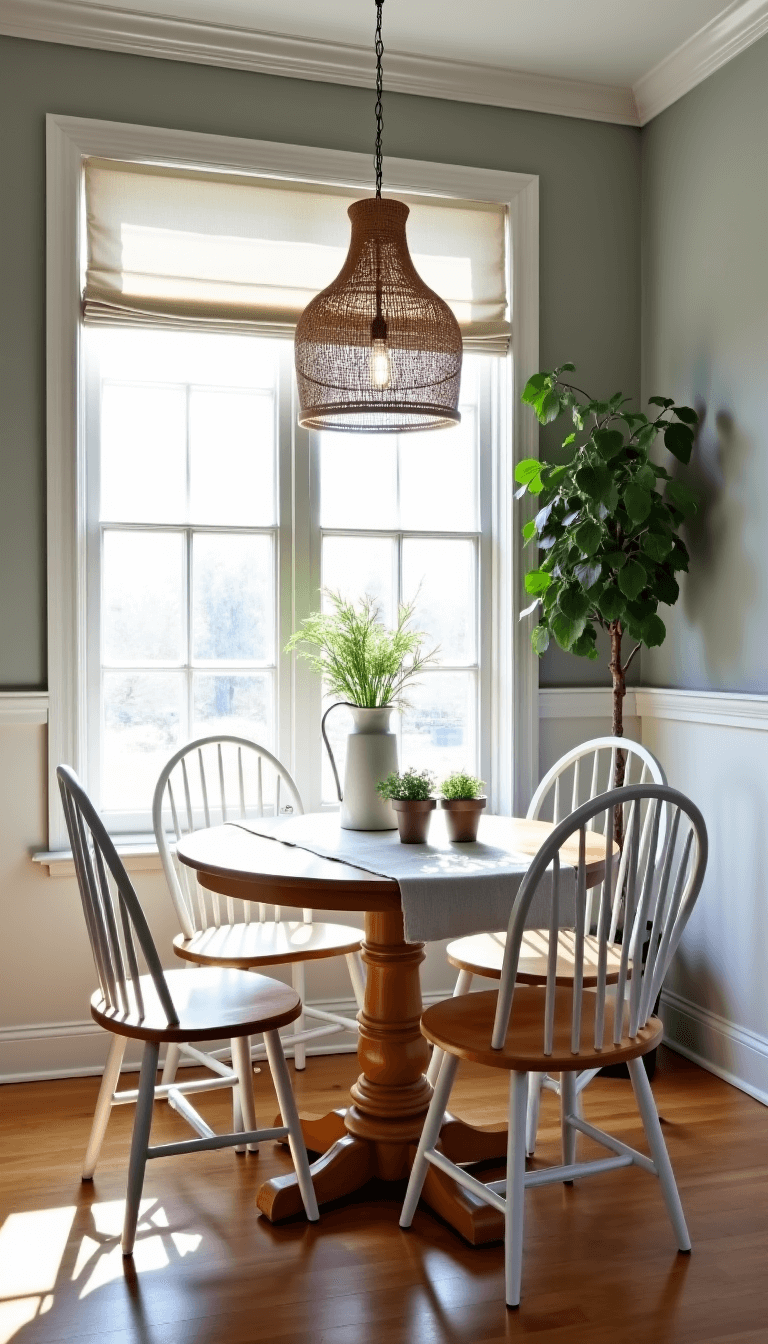 Bright and airy 12x12ft breakfast nook with mid-morning sunlight filtering through large window with white roman shade, featuring light beech wood round table surrounded by white Windsor chairs, styled with linen runner, ceramic pitcher, and small potted herbs, set against pale gray walls and woven pendant light casting intricate shadows.