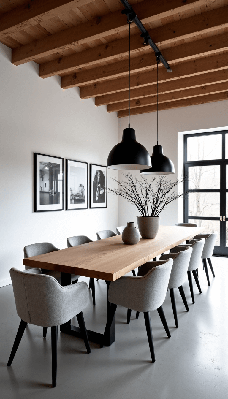 Scandinavian dining room with industrial elements featuring a long oak table with minimalist gray chairs, dome pendants, and a gallery wall with black and white photos.