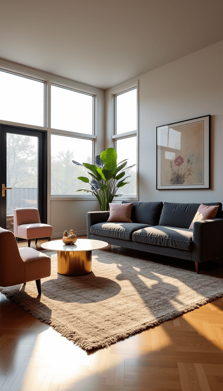 Modern living room bathed in late afternoon sunlight through floor-to-ceiling windows, showcasing a grey velvet sofa, blush pink accent chairs, and vintage Persian rugs on a white oak herringbone floor.