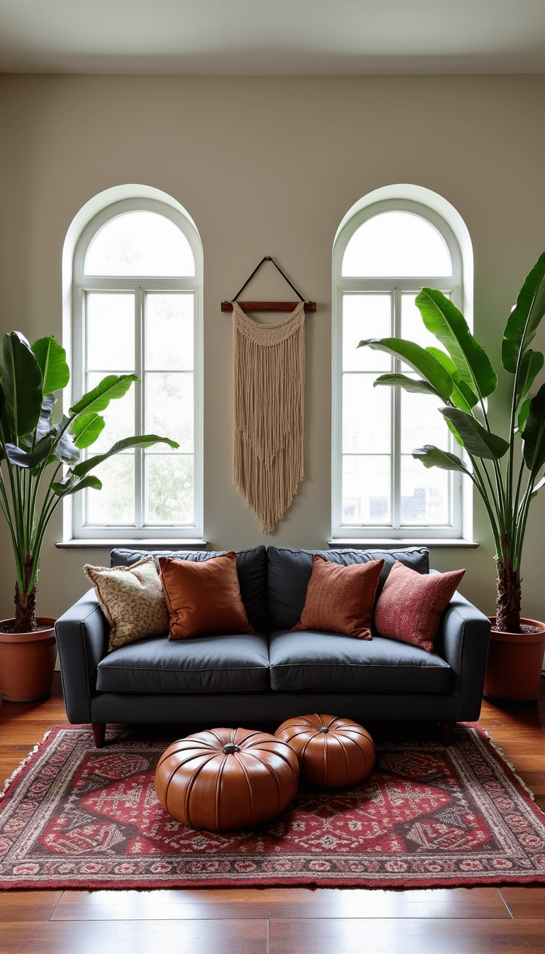Eclectic Bohemian-luxe living space with arched doorways, a dark grey sofa, vintage kilim pillows, Moroccan leather poufs, macramé wall hanging, and potted fiddle leaf fig trees, bathed in natural morning light and warm LED ambient lighting.